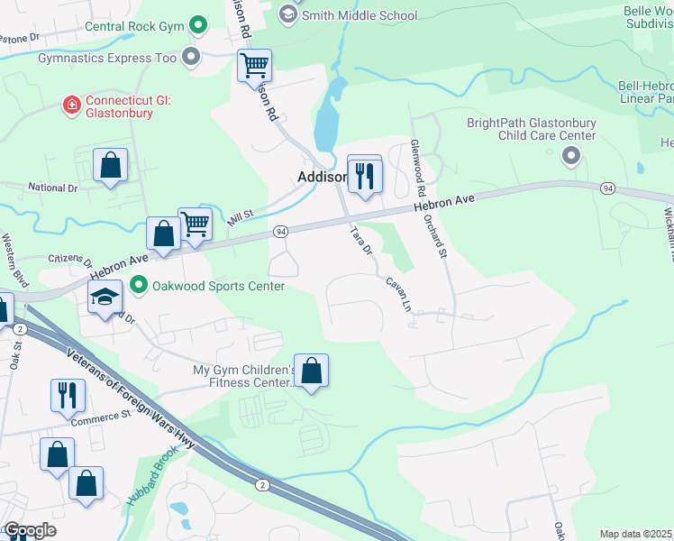 map of restaurants, bars, coffee shops, grocery stores, and more near 229 Cavan Lane in Glastonbury
