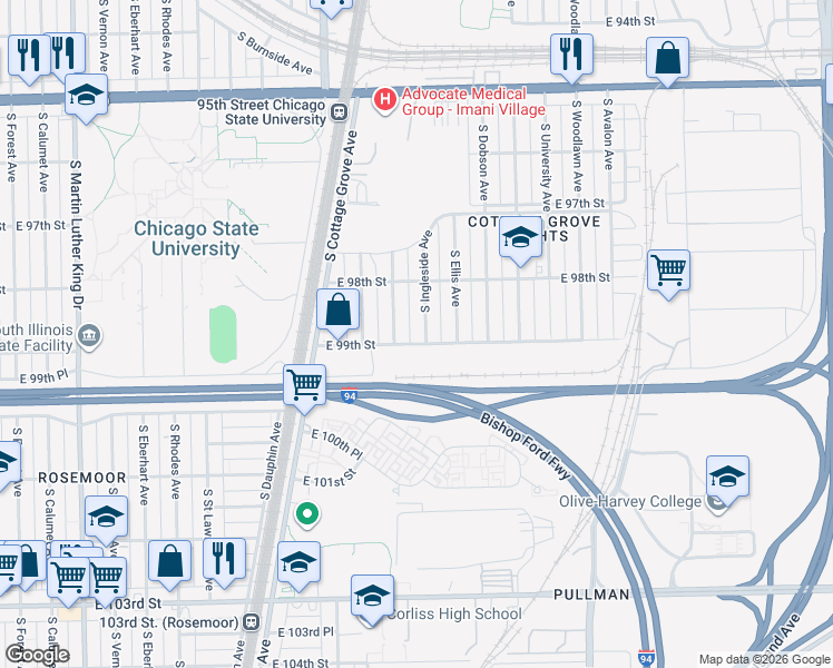 map of restaurants, bars, coffee shops, grocery stores, and more near 9855 South Drexel Avenue in Chicago