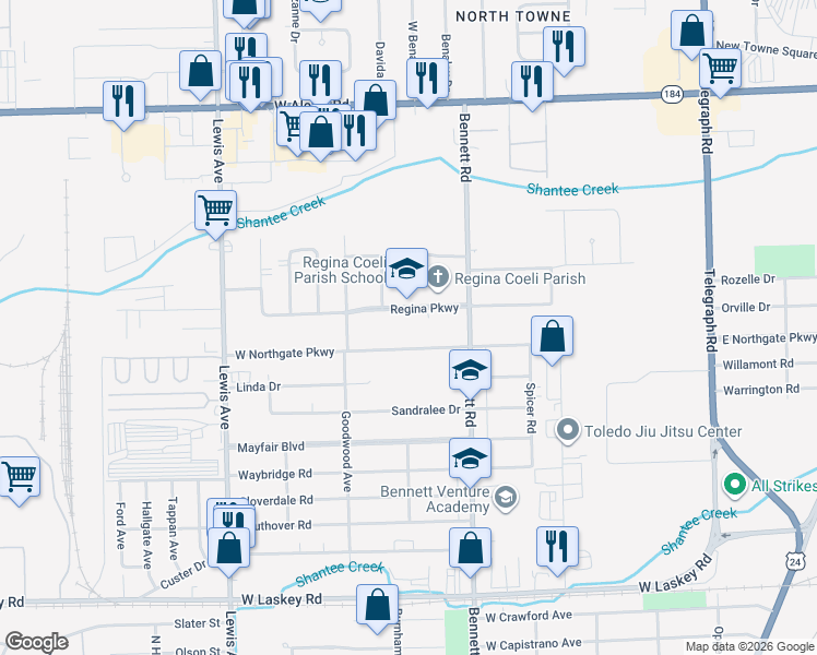 map of restaurants, bars, coffee shops, grocery stores, and more near 5381 Bennett Rd in Toledo