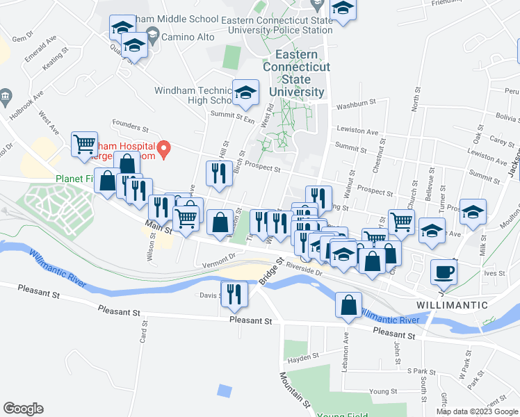 map of restaurants, bars, coffee shops, grocery stores, and more near Valley Street in Windham