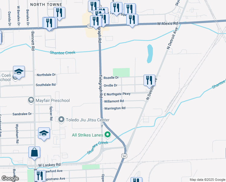 map of restaurants, bars, coffee shops, grocery stores, and more near 105 East Northgate Parkway in Toledo