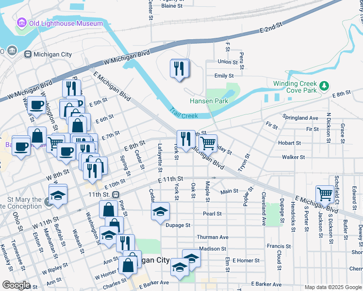 map of restaurants, bars, coffee shops, grocery stores, and more near 600 East 9th Street in Michigan City
