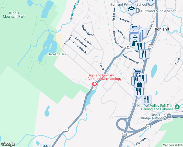 map of restaurants, bars, coffee shops, grocery stores, and more near 12 Reservoir Road in Highland