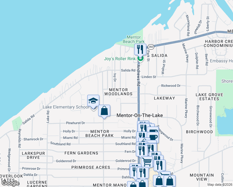 map of restaurants, bars, coffee shops, grocery stores, and more near 5741 Ivy Drive in Mentor-on-the-Lake