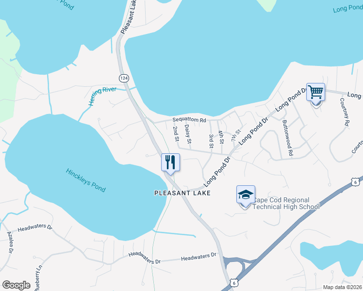 map of restaurants, bars, coffee shops, grocery stores, and more near 24 2nd Street in Harwich