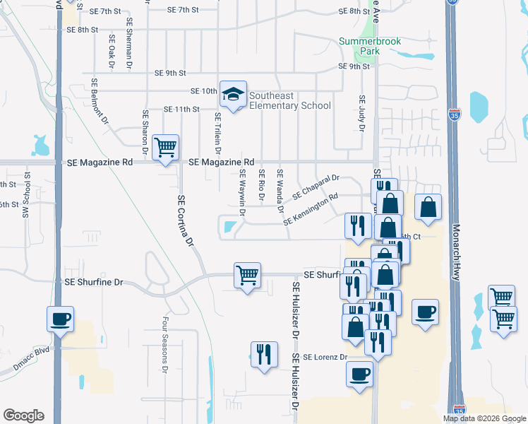 map of restaurants, bars, coffee shops, grocery stores, and more near 709 Southeast Chaparal Drive in Ankeny