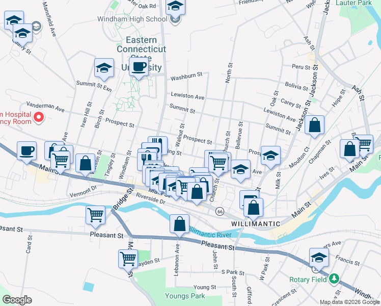 map of restaurants, bars, coffee shops, grocery stores, and more near 53 Spring Street in Windham