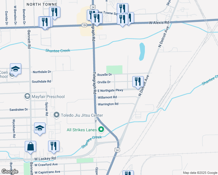 map of restaurants, bars, coffee shops, grocery stores, and more near 105 East Northgate Parkway in Toledo