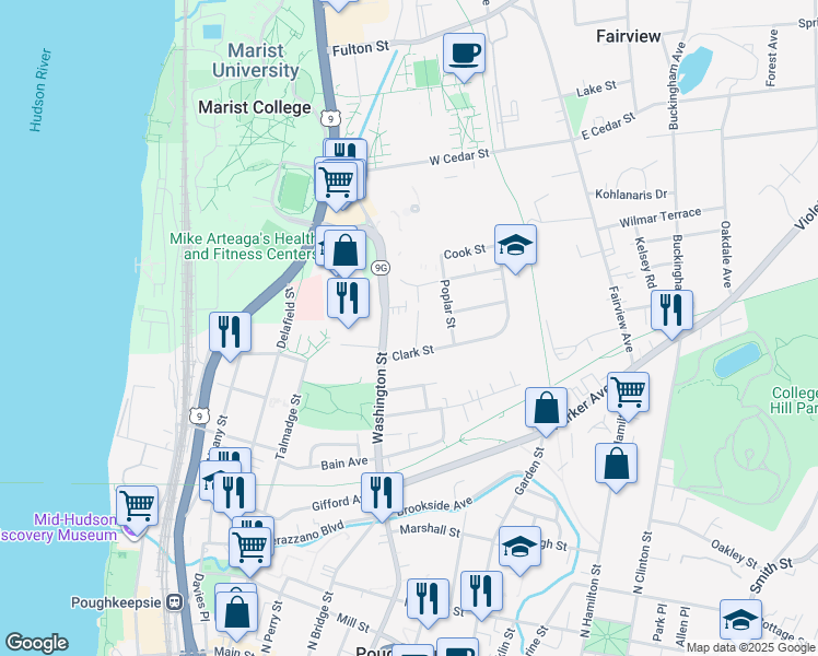 map of restaurants, bars, coffee shops, grocery stores, and more near 195 Washington Street in Poughkeepsie