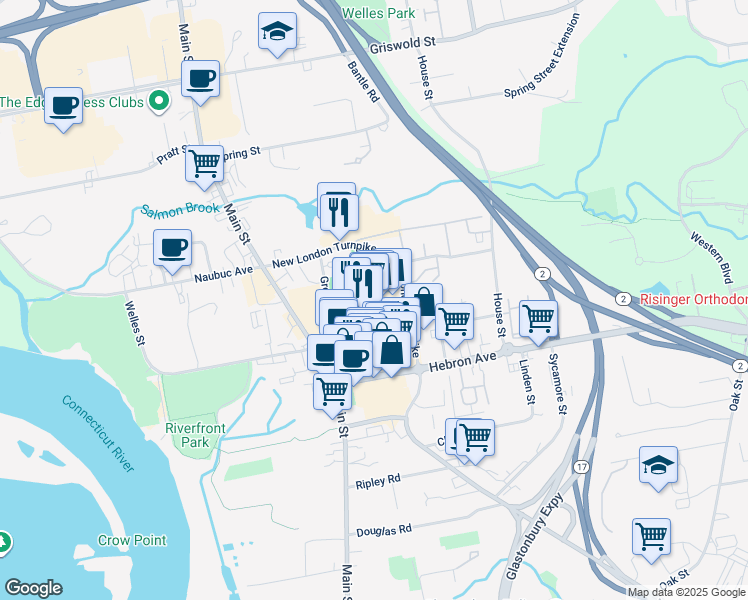 map of restaurants, bars, coffee shops, grocery stores, and more near 49 Welles St in Glastonbury