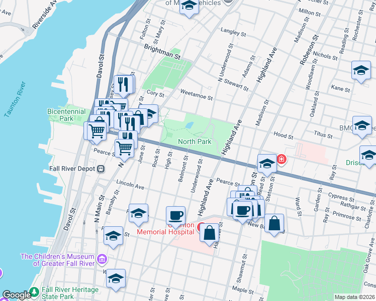 map of restaurants, bars, coffee shops, grocery stores, and more near 544 President Avenue in Fall River