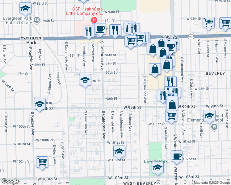 map of restaurants, bars, coffee shops, grocery stores, and more near 2717 W 98th St in Evergreen Park