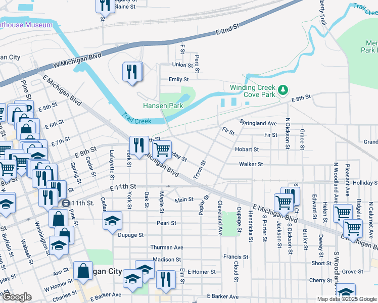 map of restaurants, bars, coffee shops, grocery stores, and more near 211 Case Street in Michigan City