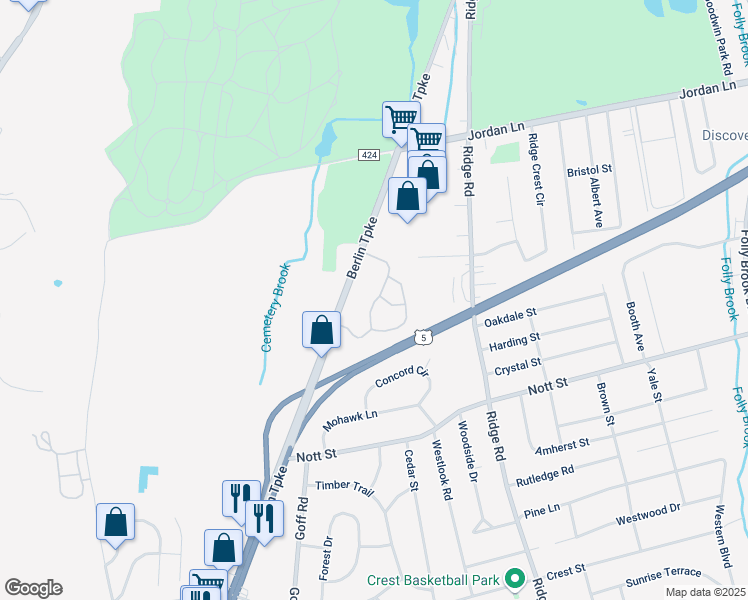 map of restaurants, bars, coffee shops, grocery stores, and more near 66 Village Drive in Wethersfield