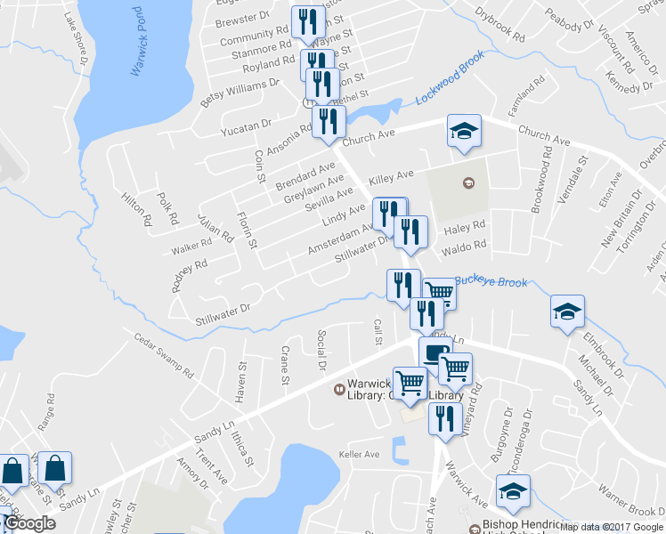 map of restaurants, bars, coffee shops, grocery stores, and more near 86 Stillwater Drive in Warwick