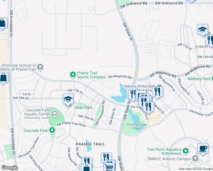 map of restaurants, bars, coffee shops, grocery stores, and more near 1850 Southwest Vera Cruz Lane in Ankeny