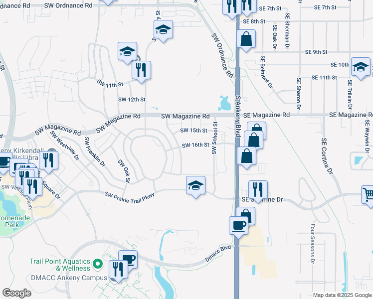 map of restaurants, bars, coffee shops, grocery stores, and more near 415 Southwest 16th Street in Ankeny
