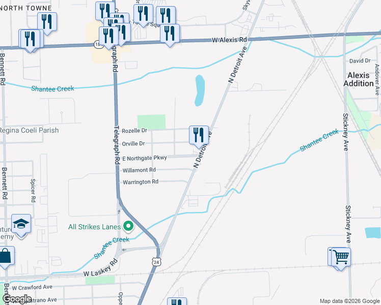 map of restaurants, bars, coffee shops, grocery stores, and more near 333 East Northgate Parkway in Toledo