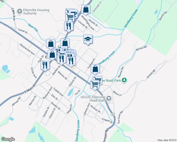 map of restaurants, bars, coffee shops, grocery stores, and more near 48 Canal Street in Ellenville