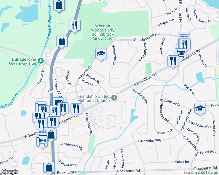 map of restaurants, bars, coffee shops, grocery stores, and more near 516 Monroe Road in Bolingbrook
