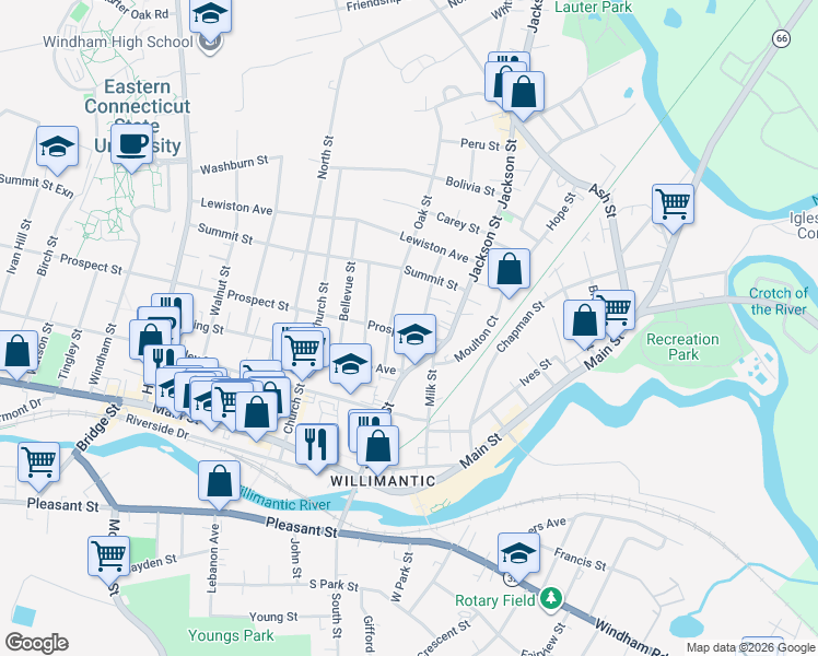 map of restaurants, bars, coffee shops, grocery stores, and more near 41 Prospect Street in Windham