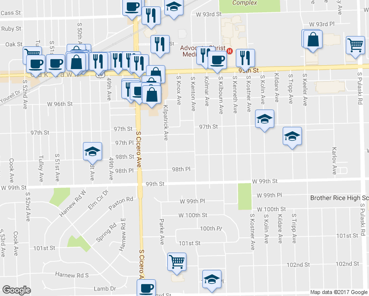 map of restaurants, bars, coffee shops, grocery stores, and more near 4612 98th Street in Oak Lawn