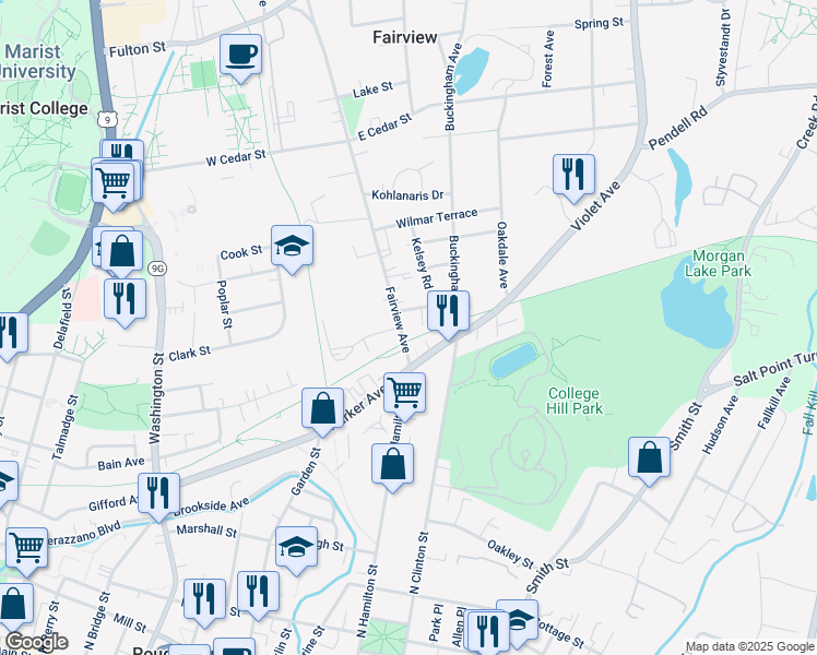 map of restaurants, bars, coffee shops, grocery stores, and more near 9 Fairview Avenue in Poughkeepsie
