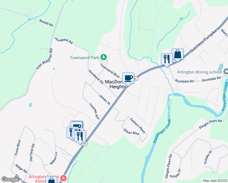 map of restaurants, bars, coffee shops, grocery stores, and more near 8 Hornbeck Road in Poughkeepsie