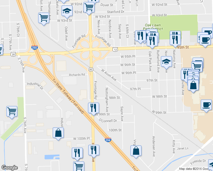 map of restaurants, bars, coffee shops, grocery stores, and more near Nottingham Ave & Mather Ave in Chicago Ridge