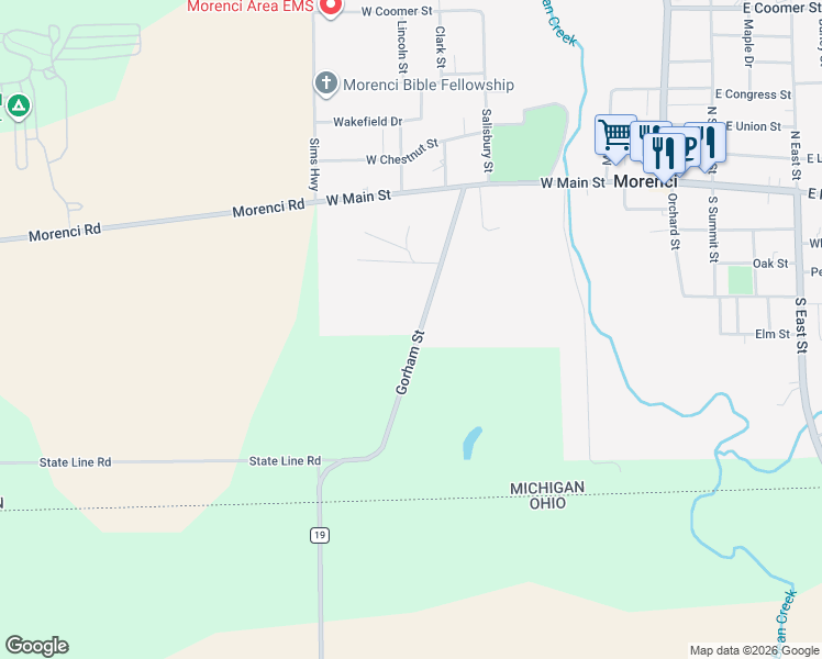 map of restaurants, bars, coffee shops, grocery stores, and more near 300 Gorham Street in Morenci
