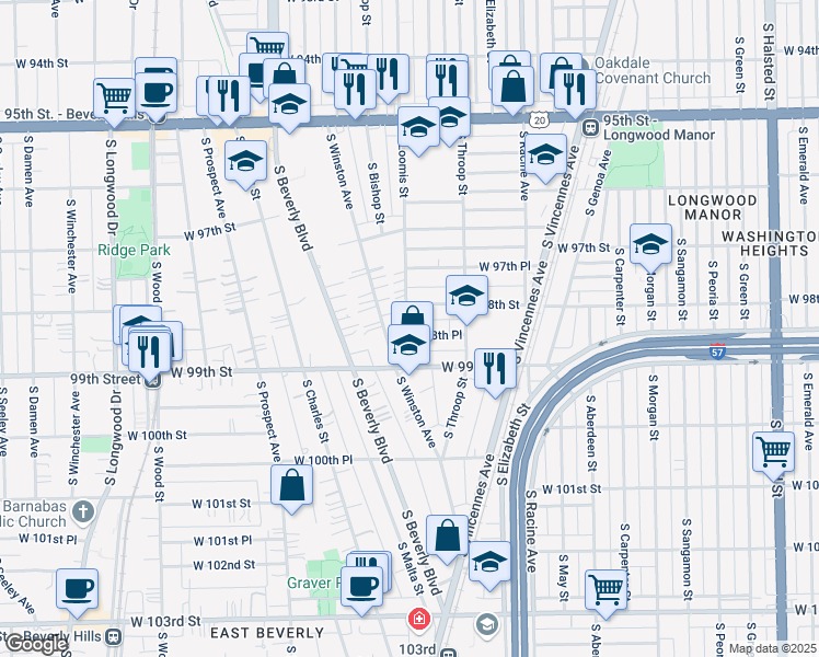 map of restaurants, bars, coffee shops, grocery stores, and more near 9823 South Loomis Street in Chicago