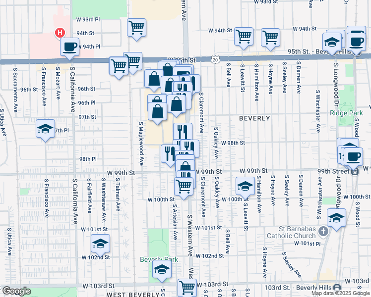 map of restaurants, bars, coffee shops, grocery stores, and more near 9800 South Western Avenue in Chicago