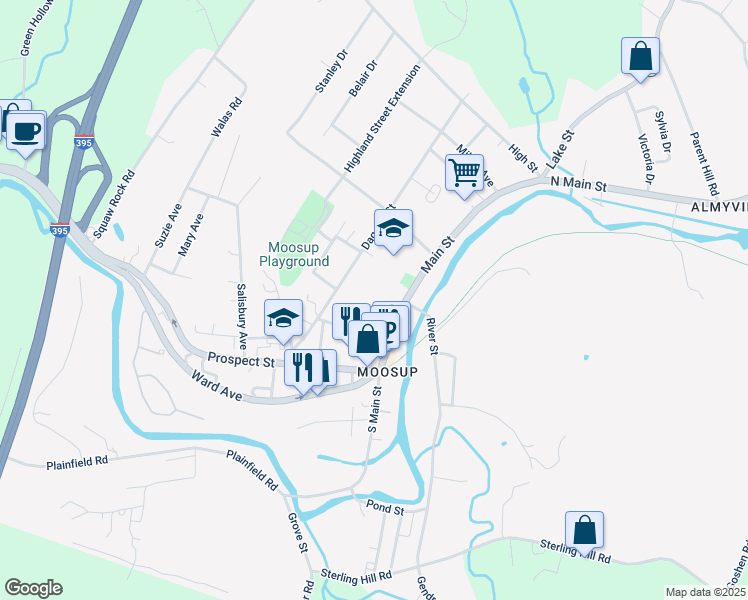 map of restaurants, bars, coffee shops, grocery stores, and more near 77 Main St in Plainfield
