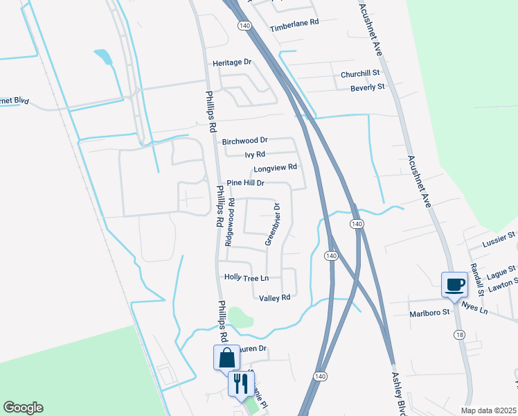 map of restaurants, bars, coffee shops, grocery stores, and more near 31 Greenbrier Court in New Bedford