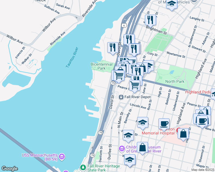 map of restaurants, bars, coffee shops, grocery stores, and more near 800 Davol Street in Fall River