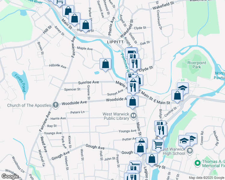 map of restaurants, bars, coffee shops, grocery stores, and more near 27 Sunset Avenue in West Warwick