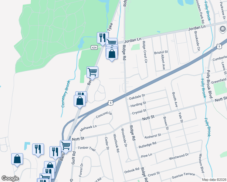 map of restaurants, bars, coffee shops, grocery stores, and more near 289-291 Ridge Road in Wethersfield