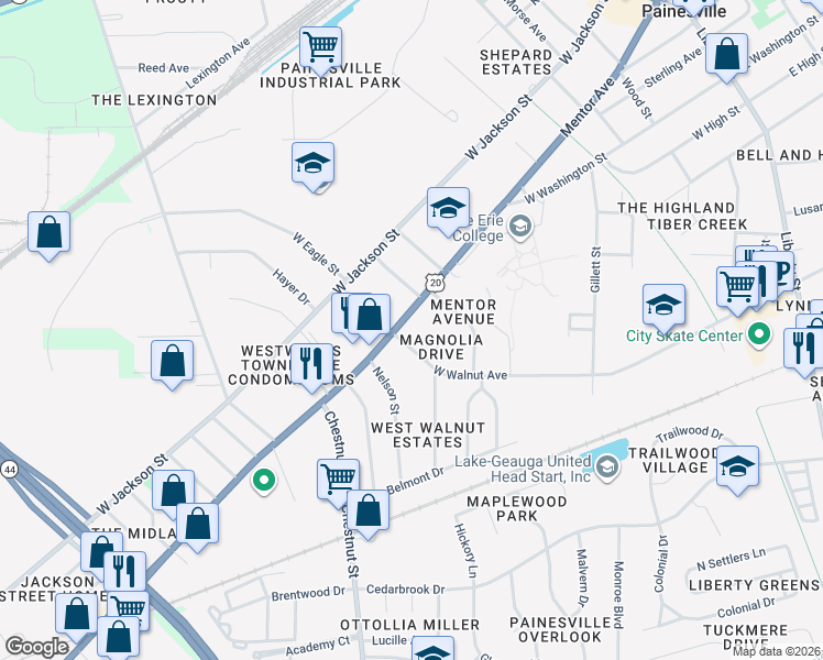 map of restaurants, bars, coffee shops, grocery stores, and more near 637 Mentor Avenue in Painesville