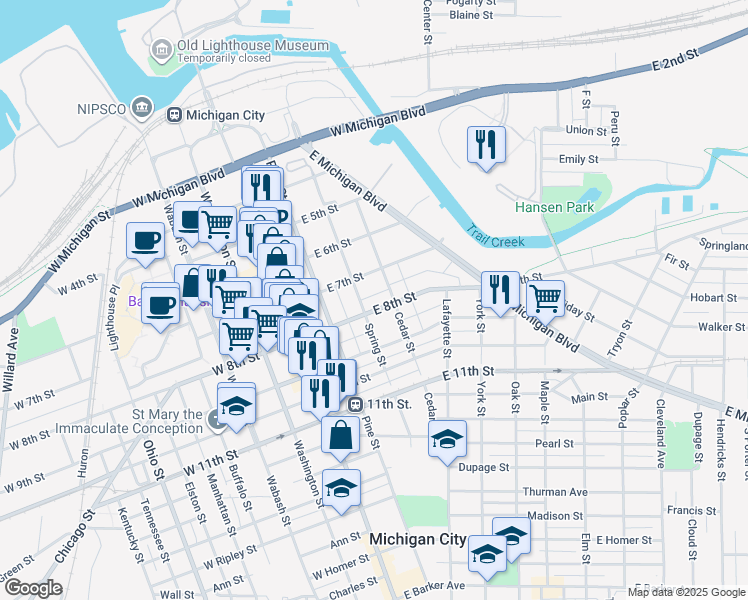 map of restaurants, bars, coffee shops, grocery stores, and more near 320 East 8th Street in Michigan City