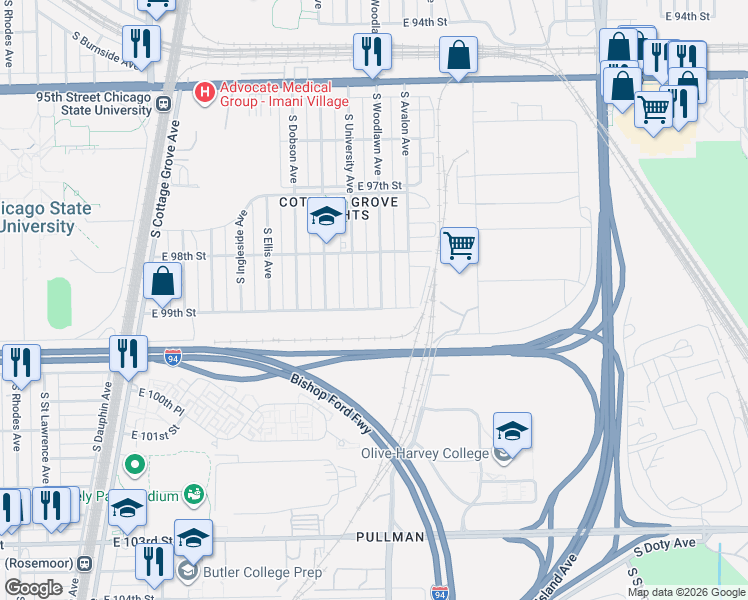 map of restaurants, bars, coffee shops, grocery stores, and more near 9859 South University Avenue in Chicago