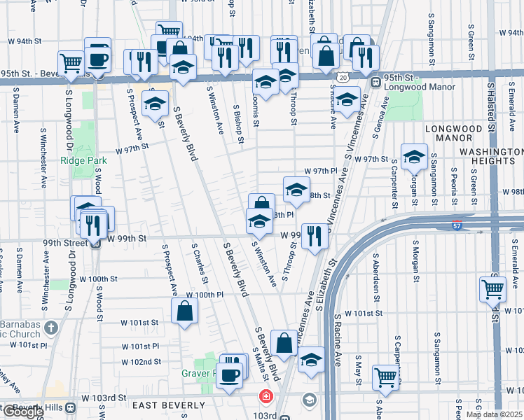 map of restaurants, bars, coffee shops, grocery stores, and more near 1344 West 98th Place in Chicago