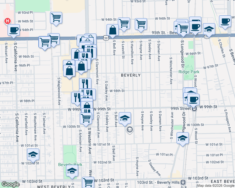 map of restaurants, bars, coffee shops, grocery stores, and more near 9817 South Bell Avenue in Chicago