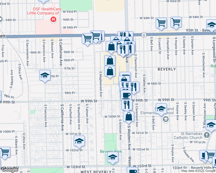map of restaurants, bars, coffee shops, grocery stores, and more near 9813 South Maplewood Avenue in Evergreen Park