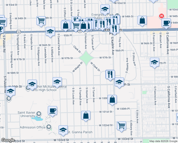 map of restaurants, bars, coffee shops, grocery stores, and more near 9803 Homan Avenue in Evergreen Park