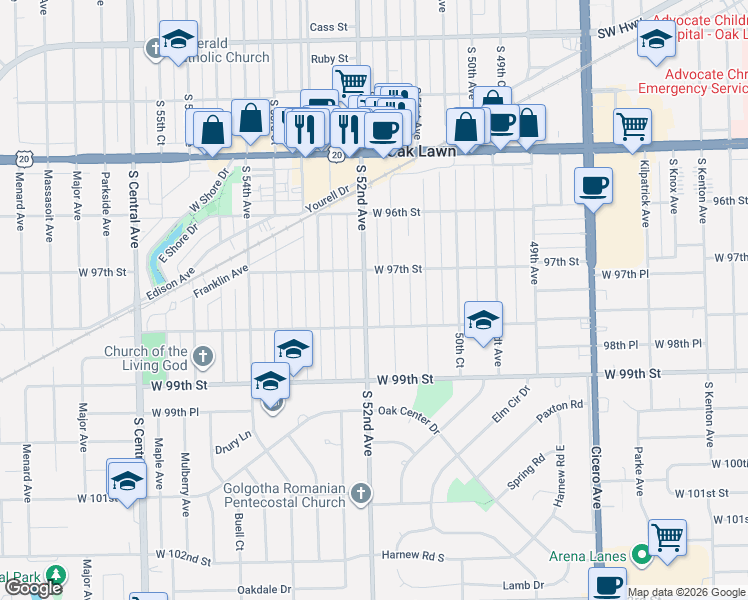 map of restaurants, bars, coffee shops, grocery stores, and more near 9729 South 52nd Avenue in Oak Lawn