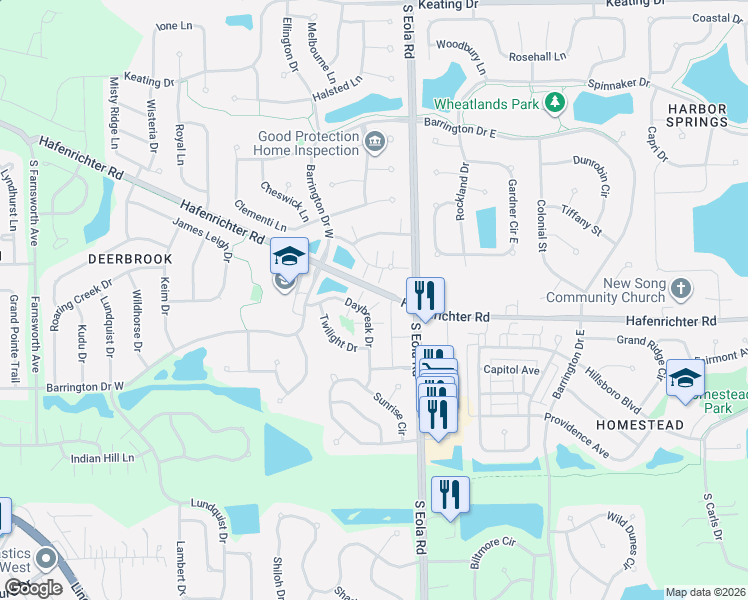 map of restaurants, bars, coffee shops, grocery stores, and more near 2195 Daybreak Drive in Aurora