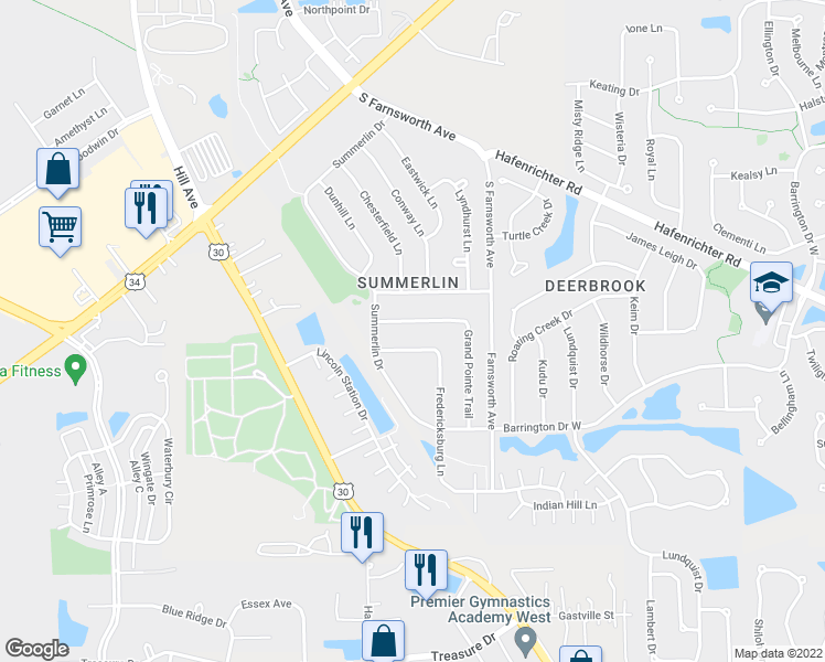 map of restaurants, bars, coffee shops, grocery stores, and more near 1632 Fredericksburg Lane in Aurora