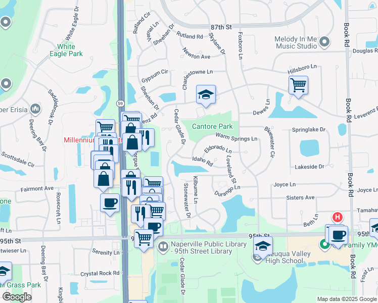 map of restaurants, bars, coffee shops, grocery stores, and more near 2711 Idaho Road in Naperville