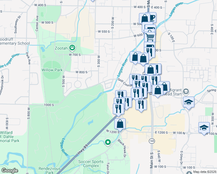 map of restaurants, bars, coffee shops, grocery stores, and more near 1024 South 270 West in Logan