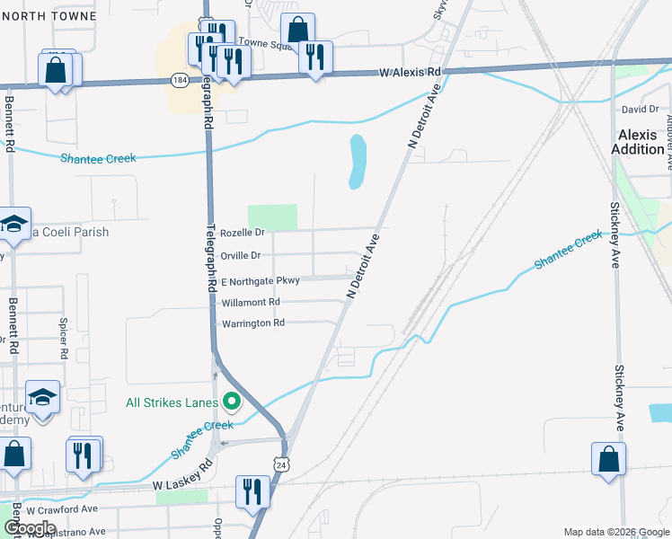 map of restaurants, bars, coffee shops, grocery stores, and more near 333 East Northgate Parkway in Toledo